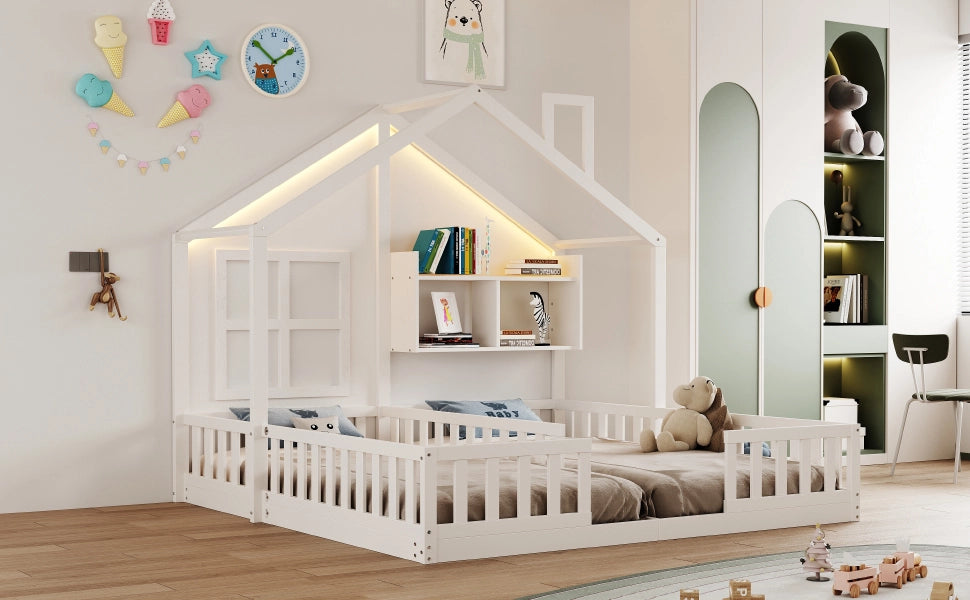 Letto per bambini a forma di casa con LED e doghe, 90x200 cm, bianco