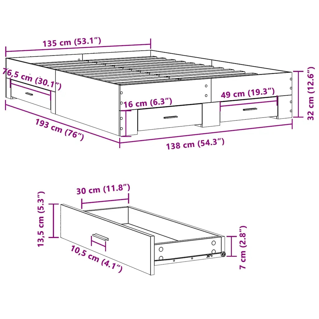 Letto matrimoniale | Letto per adulti | Giroletto Cassetti Grigio Cemento 135x190 cm Legno Multistrato