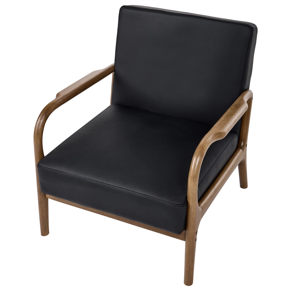 Poltrona in pelle nera con struttura in legno, poltrona lounge retrò in stile Mid-Century Moderno