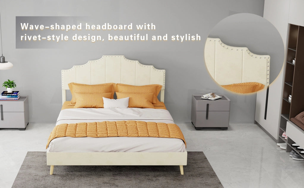 DESMIU Letto matrimoniale 140 × 200 cm 2 posti con testiera geometrica, senza materasso, in tessuto beige
