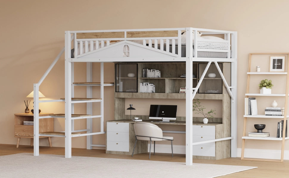 Letto a castello metallo e legno bianco con scala di sicurezza e spazio di stoccaggio 140x200 cm