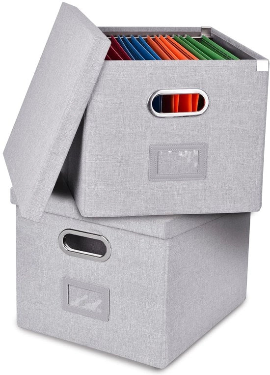 Cassetto archiviale 2 pezzi con coperchio, scatola di archiviazione migliorata in stile lino con pannelli in fibra e carta, stile lino elegante, grigio chiaro, FGQH-S-2PCS-DE