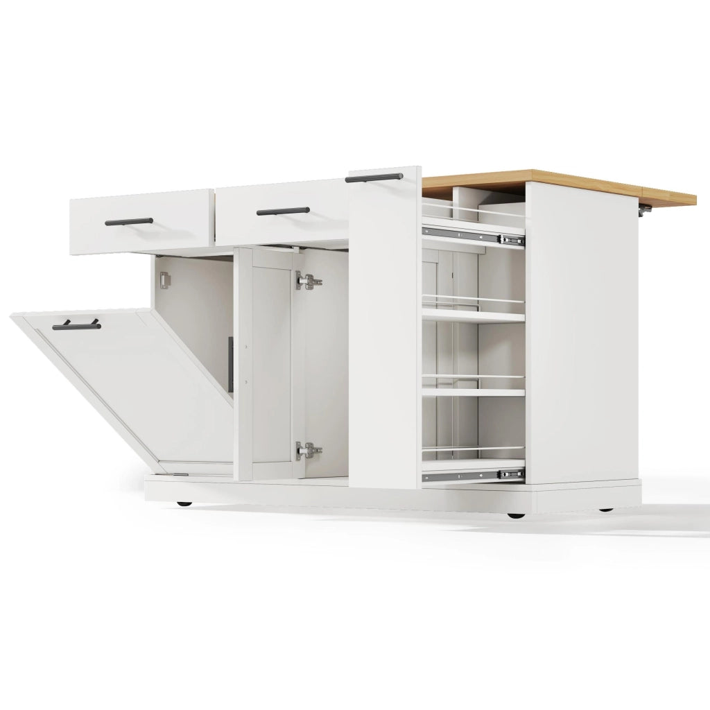 Isola da cucina, piano ribaltabile, scaffale a 4 ripiani per condimenti, 2 cassetti, ruote con freno, colore bianco e naturale