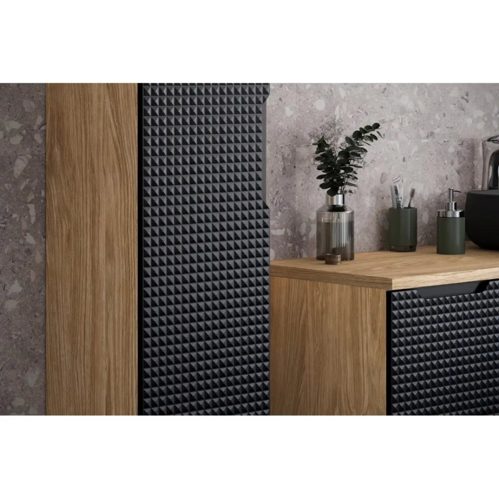 Colonna da bagno VELNIA - 1 porta - H170 cm - Colori rovere chiaro e nero - Da appendere