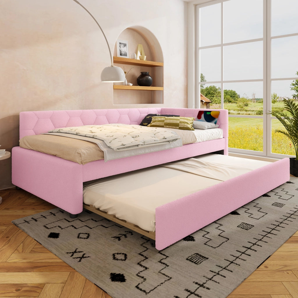 LETTO 90x200 cm in Bouclé Rosa con letto estraibile, USB e Tipo-C