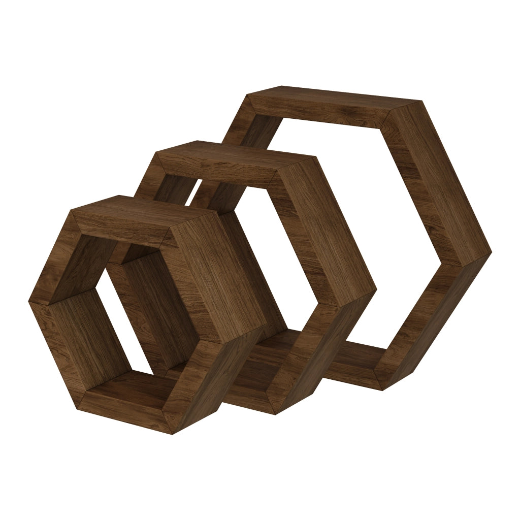 Set 'Stubbekøbing' di 3 Mensole da Muro in Misure Diverse Mensole in Legno di Pino Forma Esagonale - Legno Scuro