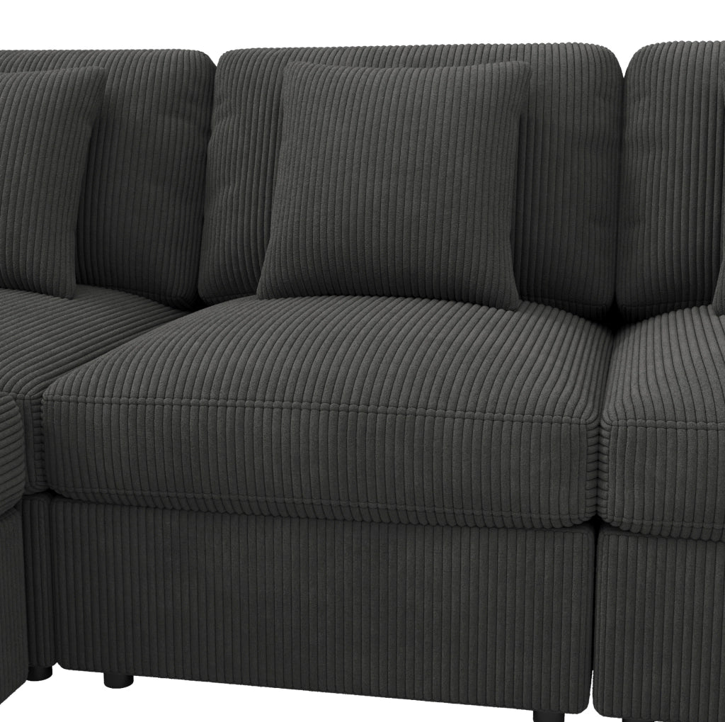 Divano modulare in velluto a coste con 2 pouf e braccioli regolabili; grigio