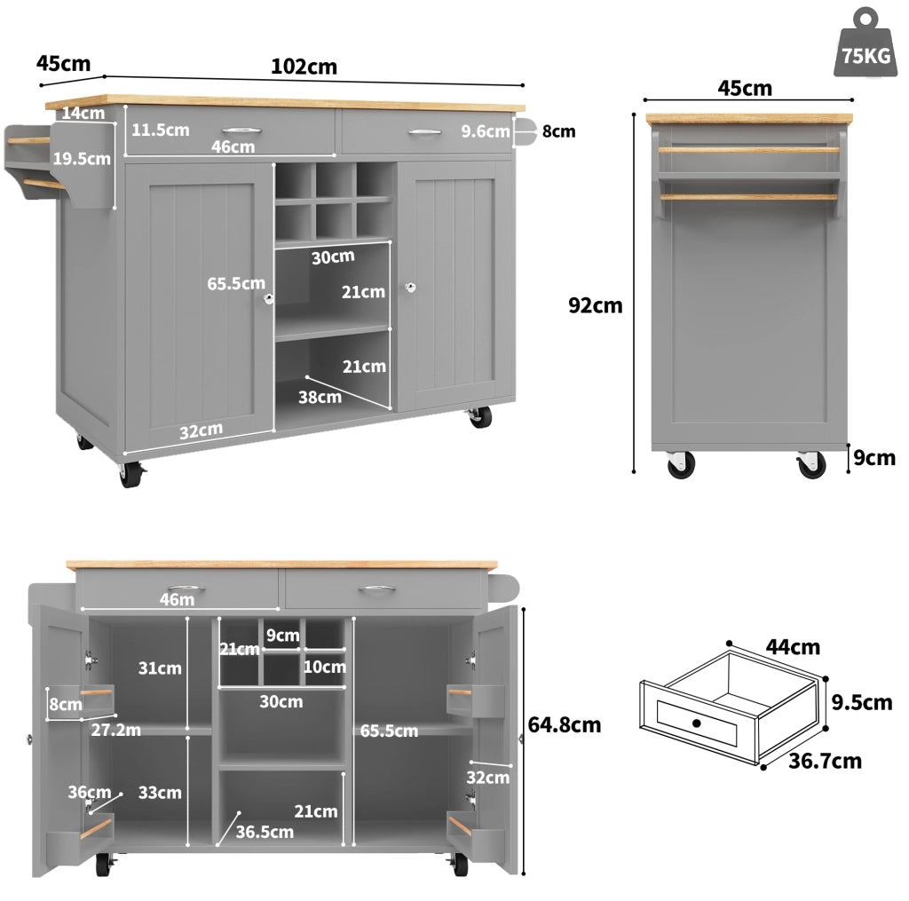 Isola da cucina mobile grigia 102x45x92 cm con portabottiglie