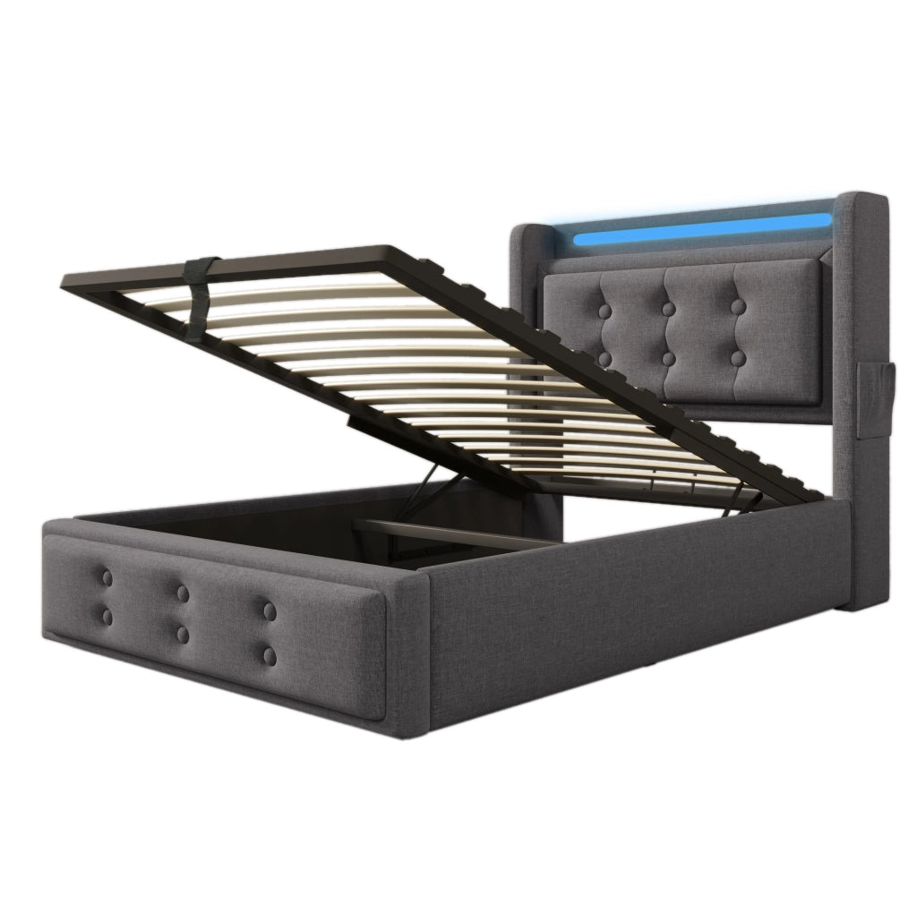 Letto singolo imbottito 90x200 con LED, prese e contenitore sollevabile