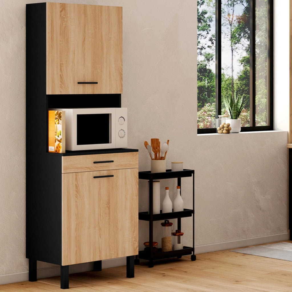 Comò da cucina CINA 60 CM 2 ante + cassetto look nero e faggio