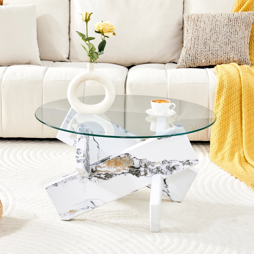 Tavolino da caffè con piano in vetro e base a croce - per soggiorno - in MDF e vetro - 79x79x45 cm - bianco e trasparente