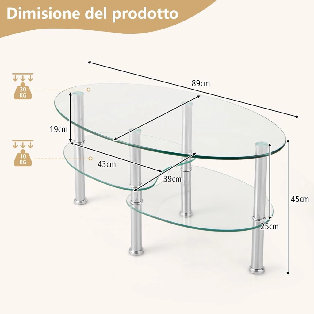 Tavolino da Salotto in Vetro Temperato Moderno, Tavolo Basso e Ovale con Piano Spazioso e 3 Livelli, Ideale per Soggiorno e Ufficio, 89 x 49 x 45 cm (Trasparente)