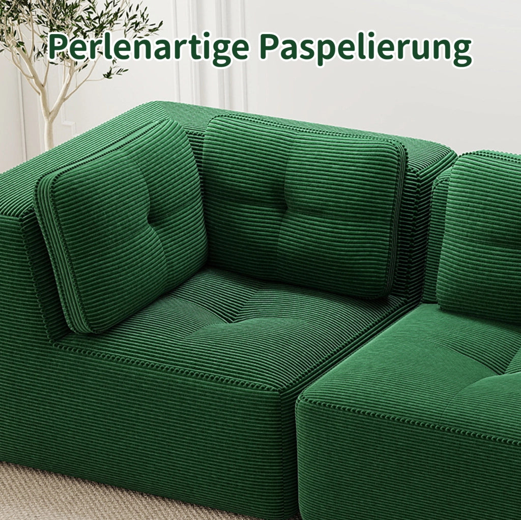 Divano angolare modulare in velluto a coste verde 295x295x69 cm con seduta profonda