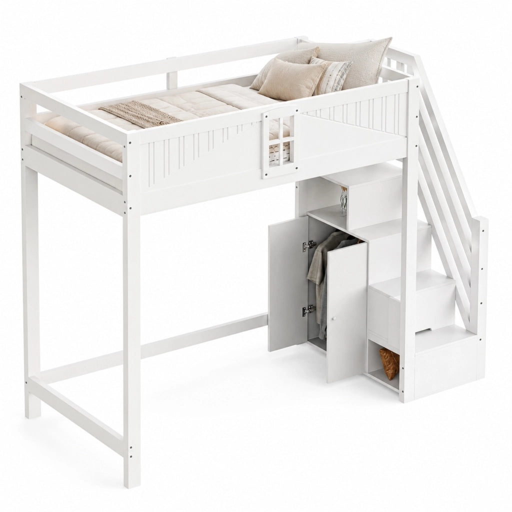 Letto a soppalco 90x200 cm in legno bianco con scala reversibile e vano portaoggetti