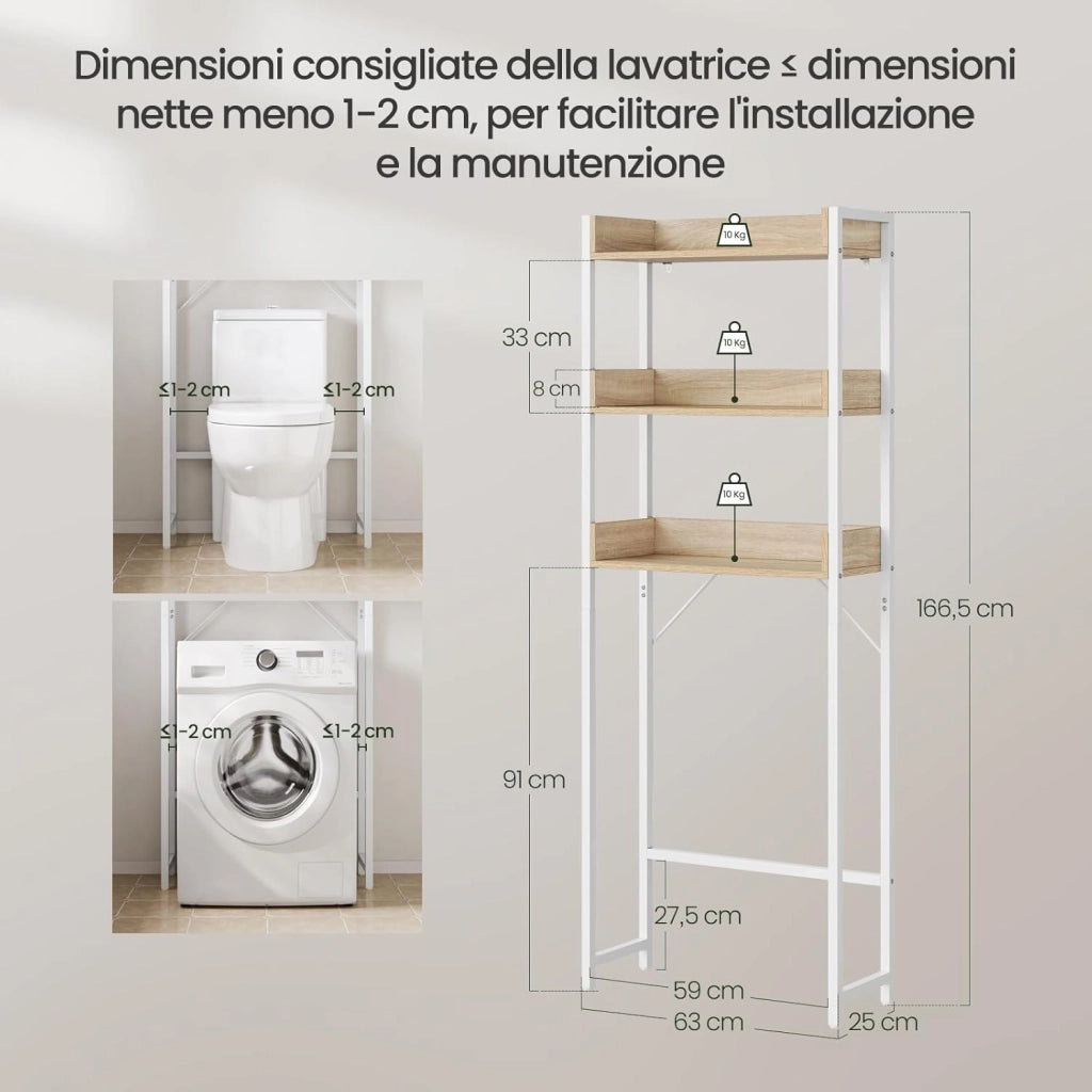 Mobiletto Bagno Salvaspazio, Scaffale Lavatrice con 3 Ripiani, per Lavanderia, Bagno, Soggiorno, Balcone, Legno e Metallo, Rovere Chiaro+Bianco, 63x25x166,5 cm