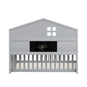 Letto per bambini 140×200 cm a casetta con ripiani e sponde di protezione; rete inclusa; senza materasso; grigio