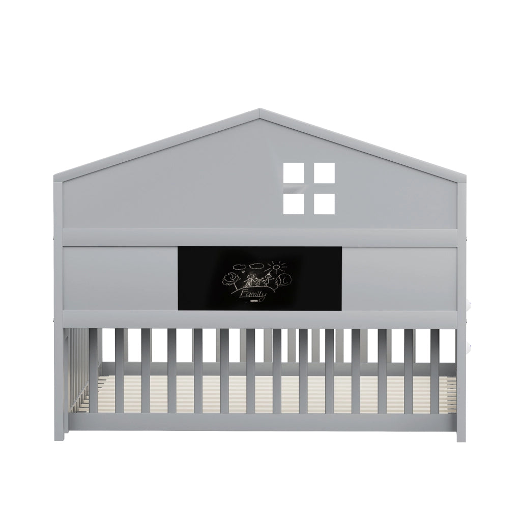 Letto per bambini 140×200 cm a casetta con ripiani e sponde di protezione; rete inclusa; senza materasso; grigio