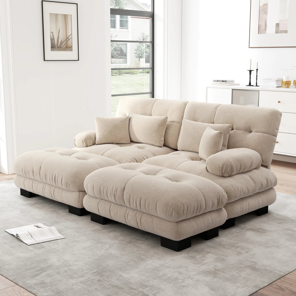 Divano modulare cloud con seduta profonda e 2 pouf mobili cuscini lombari e decorativi in chenille caffè chiaro