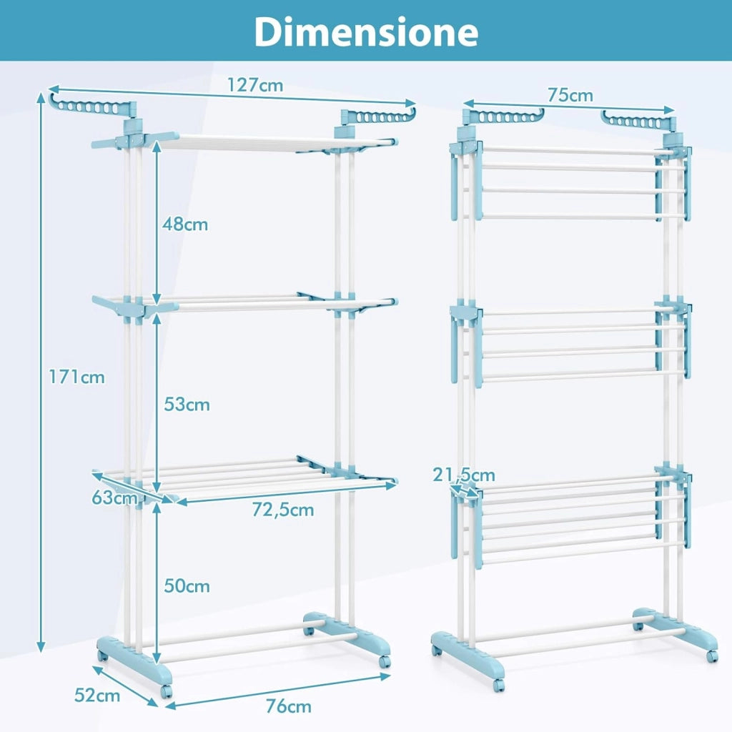 Stendibiancheria a Torre, Stendibiancheria Verticale Salvaspazio con Supporti per Grucce Girevoli e Piani Pieghevoli, Stendino Pieghevole con Ruote, 127 x 63 x 171 cm (Azzurro)