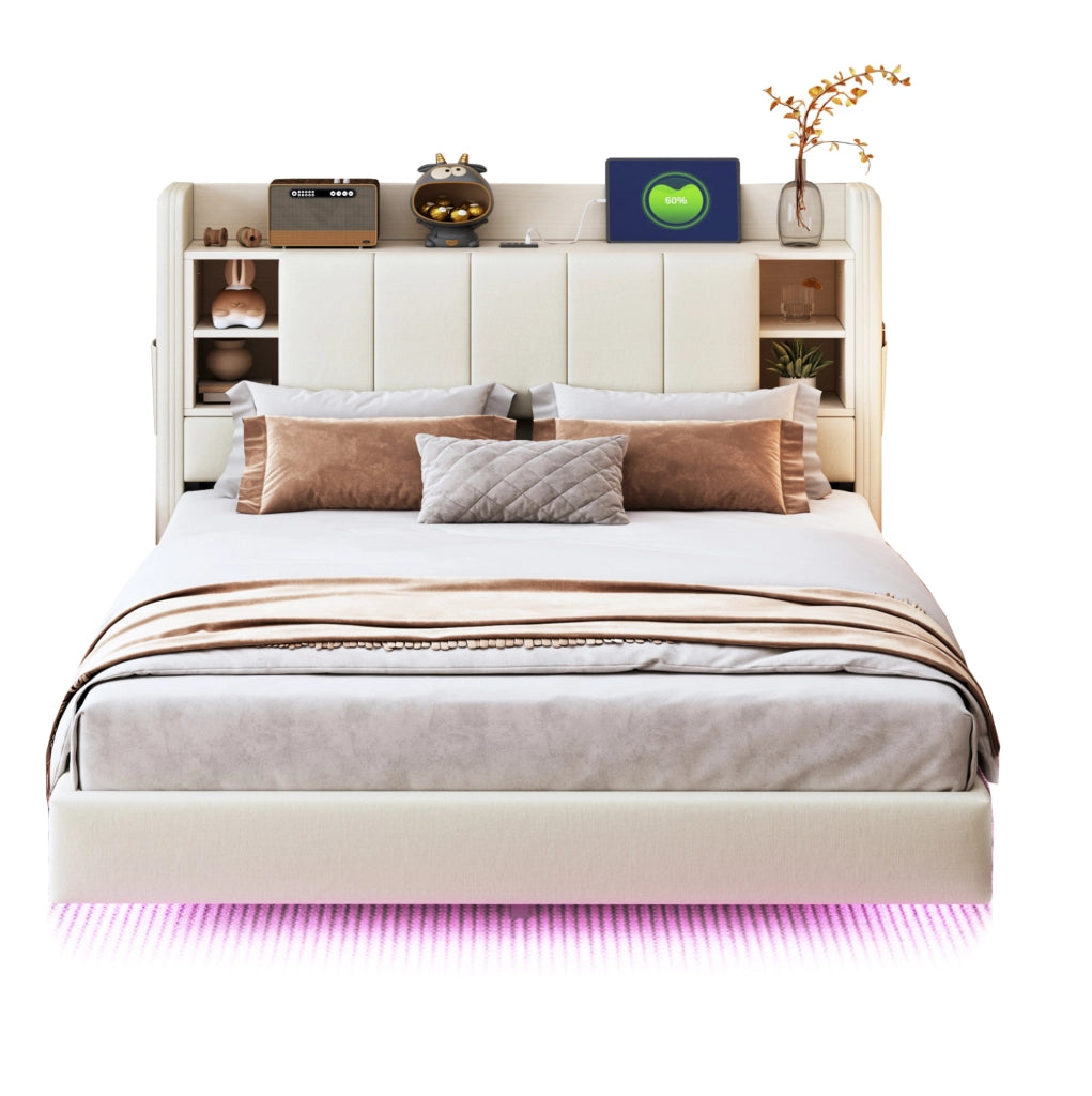 Letto imbottito 140x200 cm con LED, USB e pratici vani contenitore