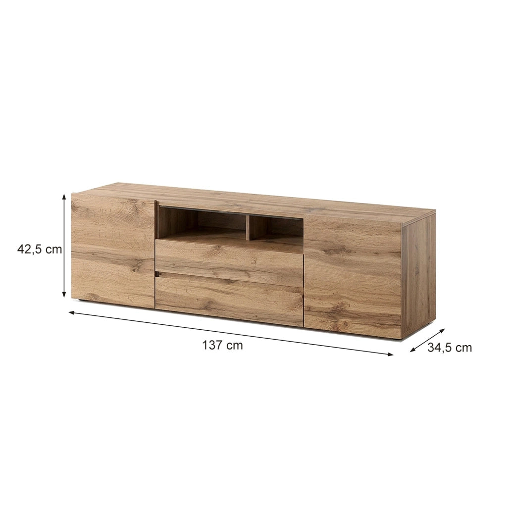Mobile TV Design Moderno Nordico Con LED Integrati 2 Ante Battenti 1 Anta A Ribalta E Vani A Giorno In Melaminico Per Soggiorno Salotto Zona Living 137 X 45.5 X 33 Cm Rovere