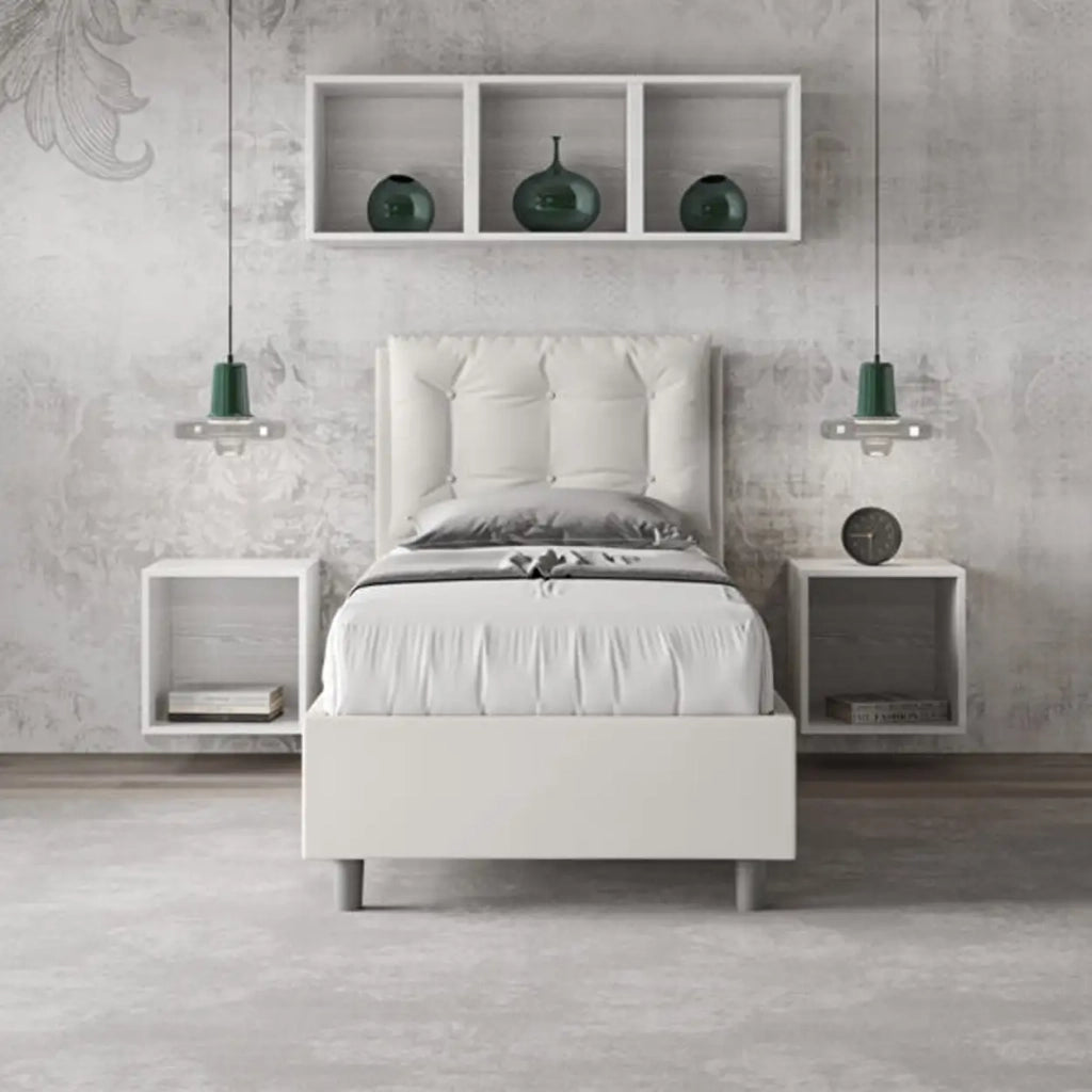 Letto singolo contenitore imbottito 80x190 similpelle bianco Annalisa