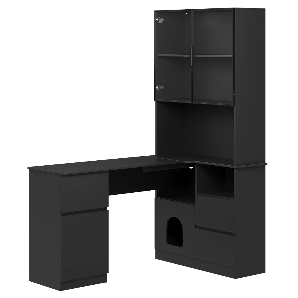 Scrivania ad angolo 120×80×180 cm con libreria integrata e vetrina LED, 3 cassetti, 2 ante, nero