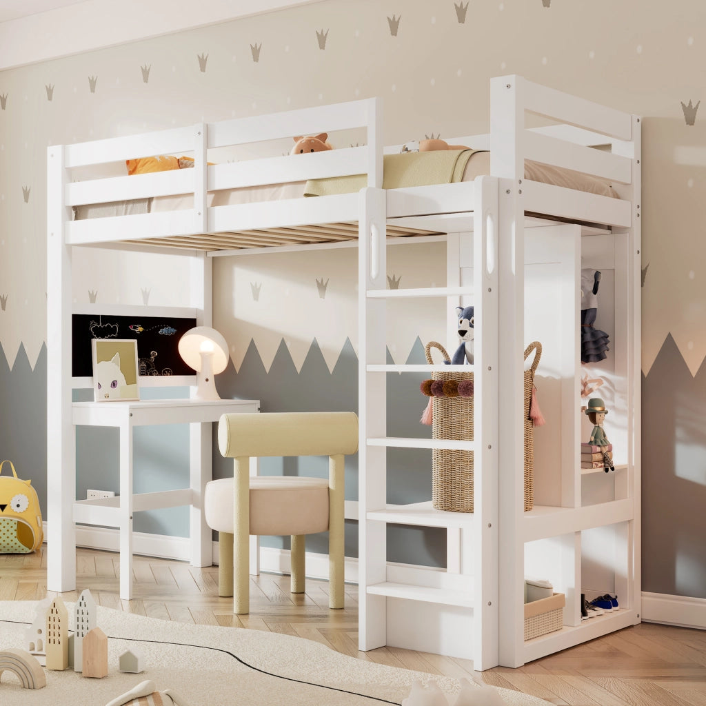 OKWISH Letto a Soppalco 90×200 cm, Letto Singolo con Scrivania, Lavagna e Armadio Aperto, senza Materasso, in Legno, Bianco
