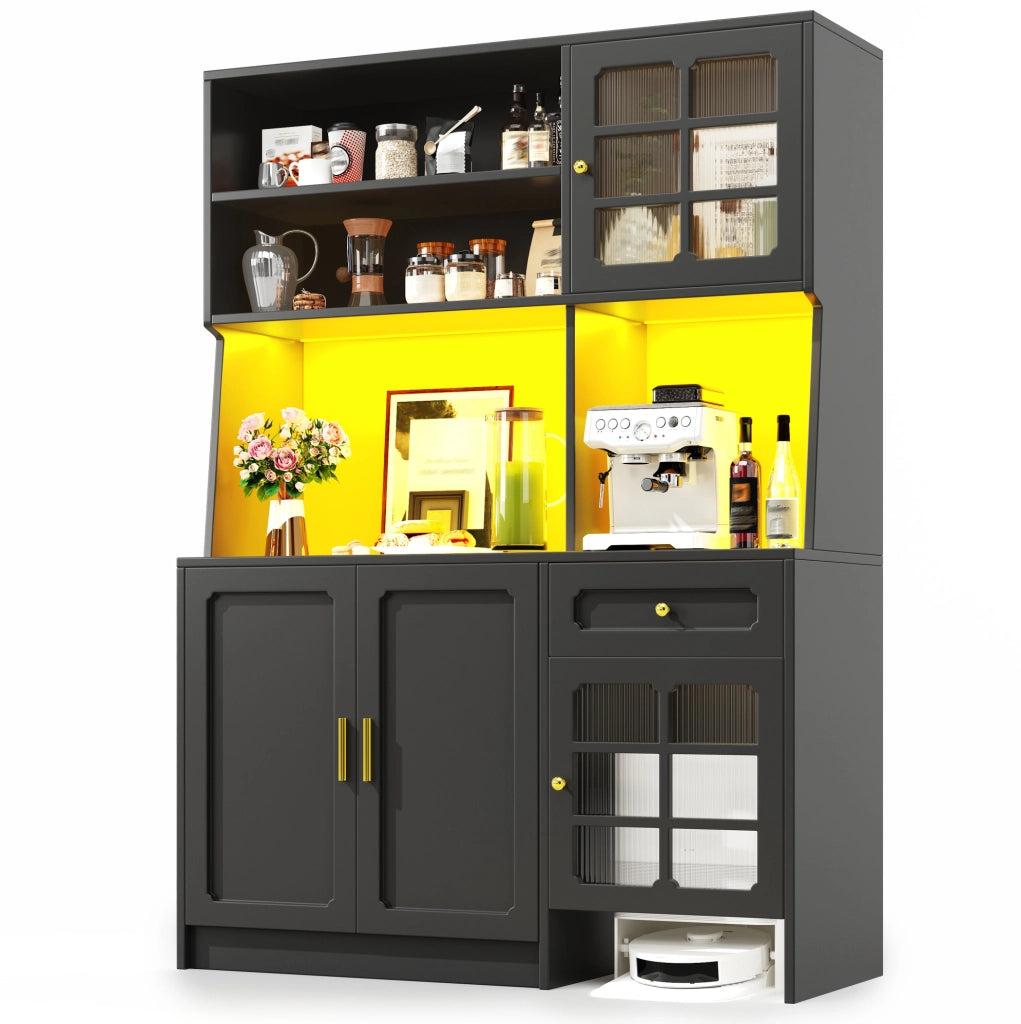 Mobile da cucina alto 130x45x180 cm in MDF nero con contenitore e LED