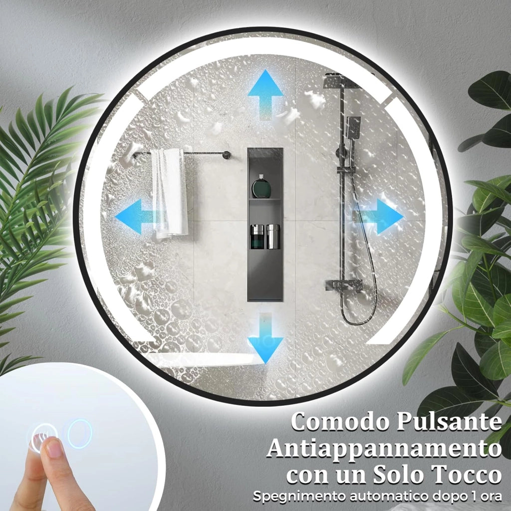 Specchio da Bagno LED Rotondo da 60 Cm, Specchio da Toeletta con Cornice in Alluminio, Funzione Antifog, 3 Colori di Luce e Luminosità Regolabile, Specchio Smart da Montare a Parete