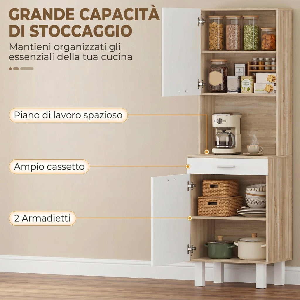 Credenza da Cucina 55x40x175 cm con Ripiani Aperti 2 Armadietti e Cassetto in Legno e Metallo Bianco e Legno