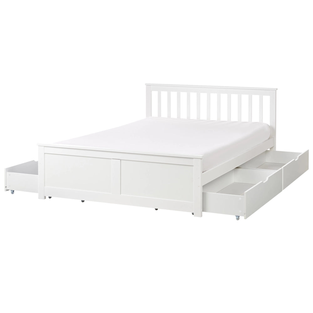 Letto matrimoniale Legno di Pino bianco con Rete a Doghe con 4 cassetti 140 x 200 cm Testiera a doghe minimalista