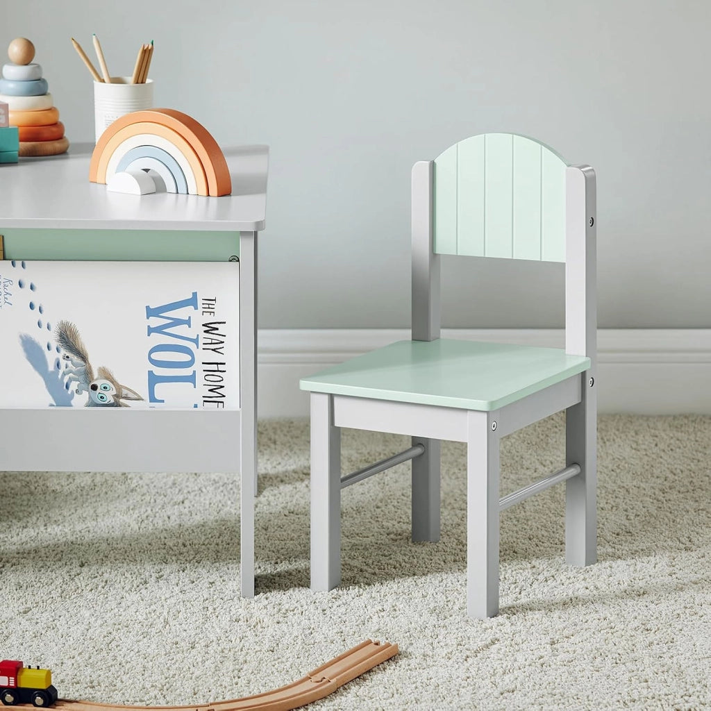 Tavolo per bambini con 2 sedie, Set tavolo e 2 Sedie per Bambini, Scrivania per Bambini con 2 Ripiani Laterali per Libri Grigio Chiaro e Verde, KMB88-HG