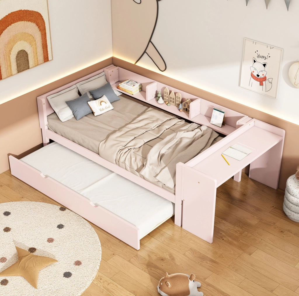 Letto per bambini 90x200 con letto estraibile, scrivania e scaffali laterali, rosa