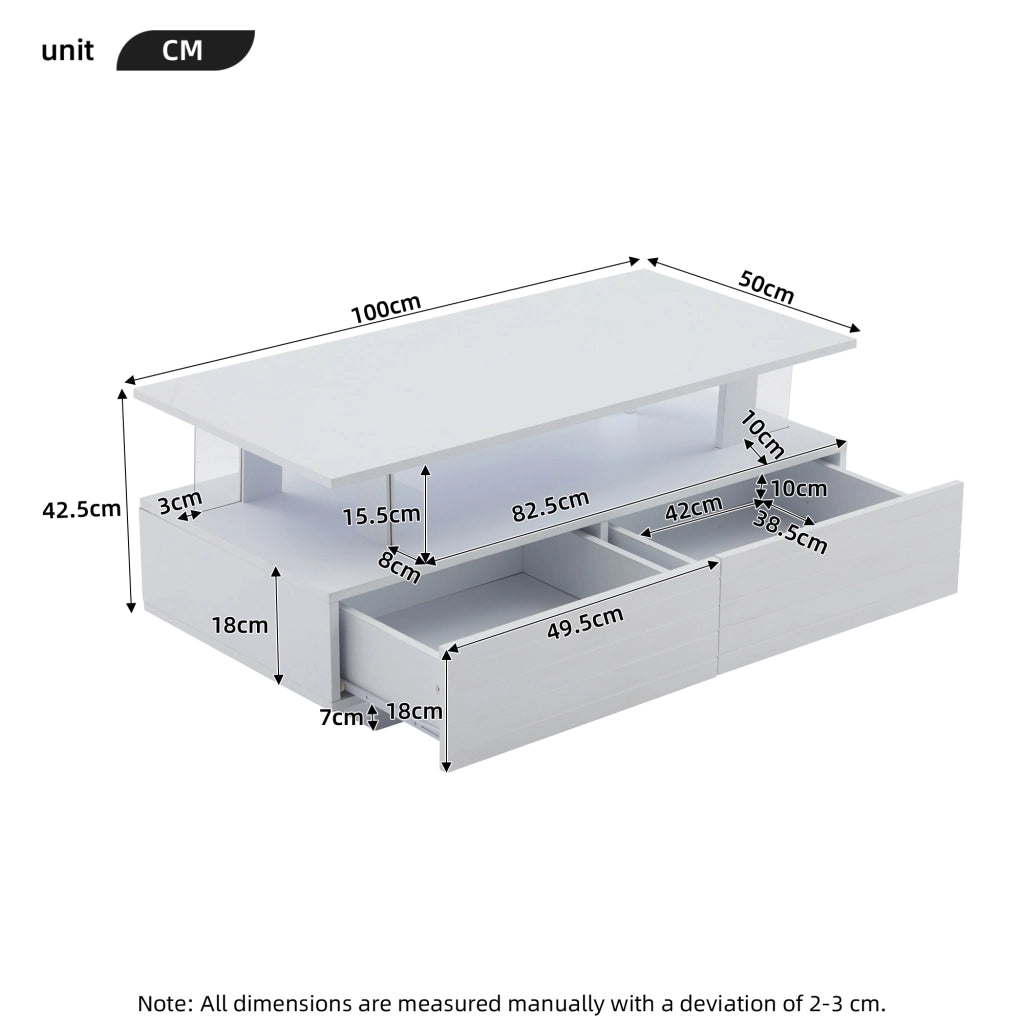 TAVOLO da caffè LED 100x50x42 cm Bianco in pannello di legno e acrilico