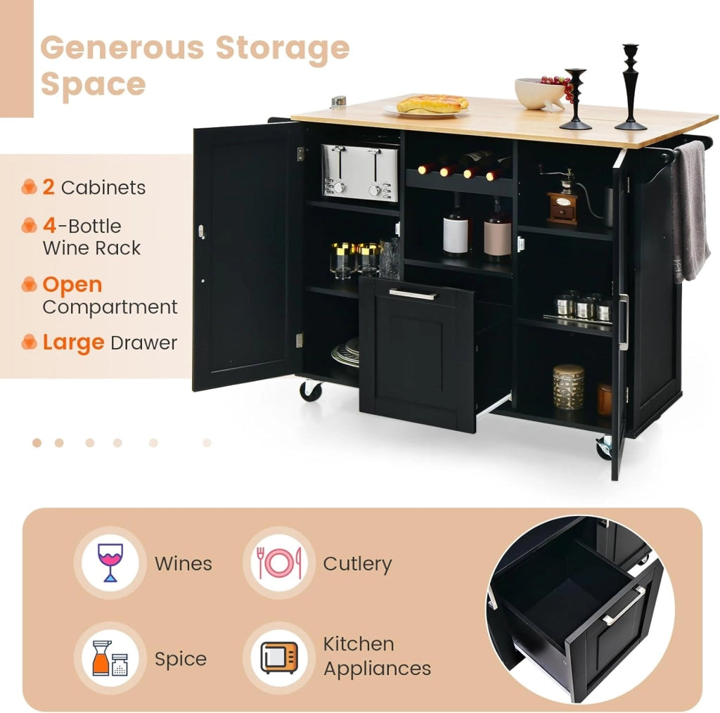 Carrello da Cucina con Ruote, Carrello di Servizio con 2 Armadietti a Anta, 1 Cassetto, 1 Portabottiglie, 1 Portasciugamani e 1 Portaspezie, Nero/Bianco (Nero)