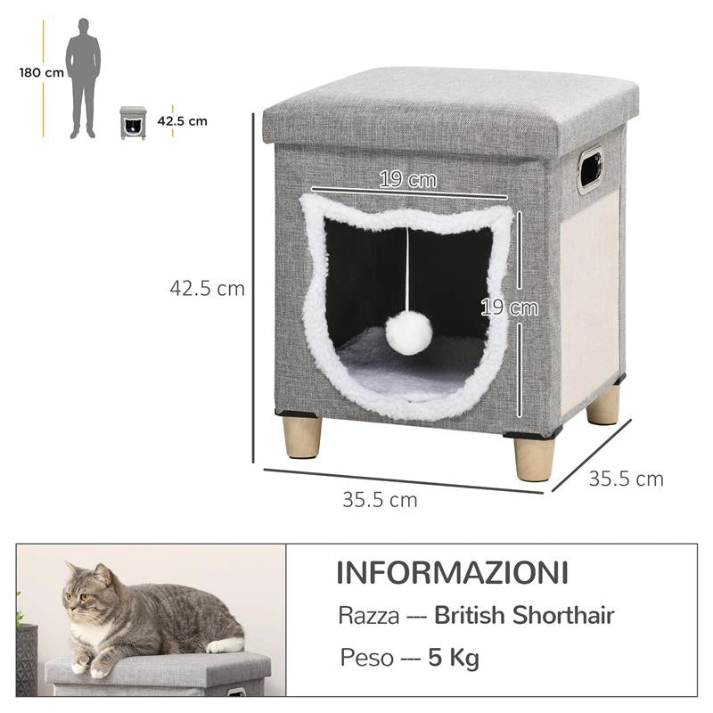 CASETTA PER GATTI CON TIRAGRAFFI, CUSCINO E PALLINA, IN LEGNO E POLIESTERE, 35.5X35.5X42.5 CM, CREMA E GRIGIO