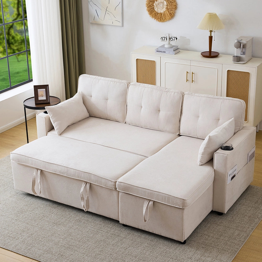 Canap?? letto angolare 3 posti - Xylo - Con spazio di archiviazione e porta bevande, colore beige