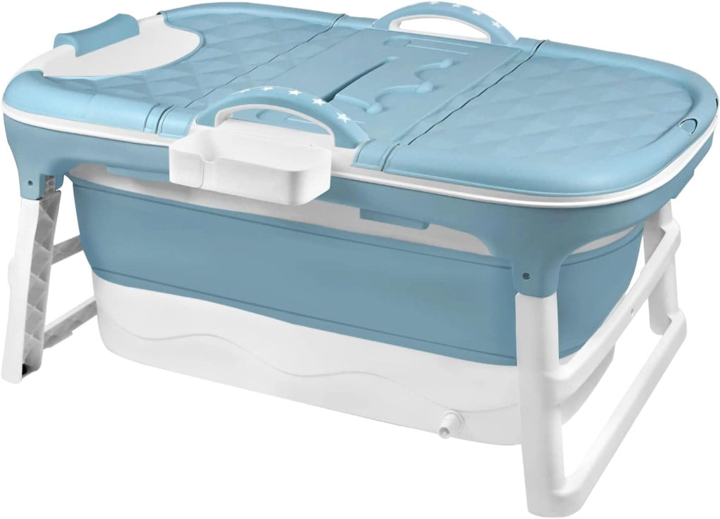 Vasca da bagno pieghevole per adulti, 128 x 60 x 53 cm, con copertura e cestino, mobile pieghevole, autoportante per bagno, doccia e balcone, blu