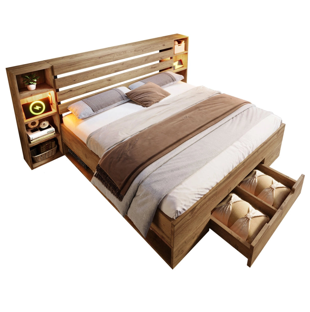 Letto 180x200 cm con LED, USB-C, testiera contenitore e 2 cassetti, rovere