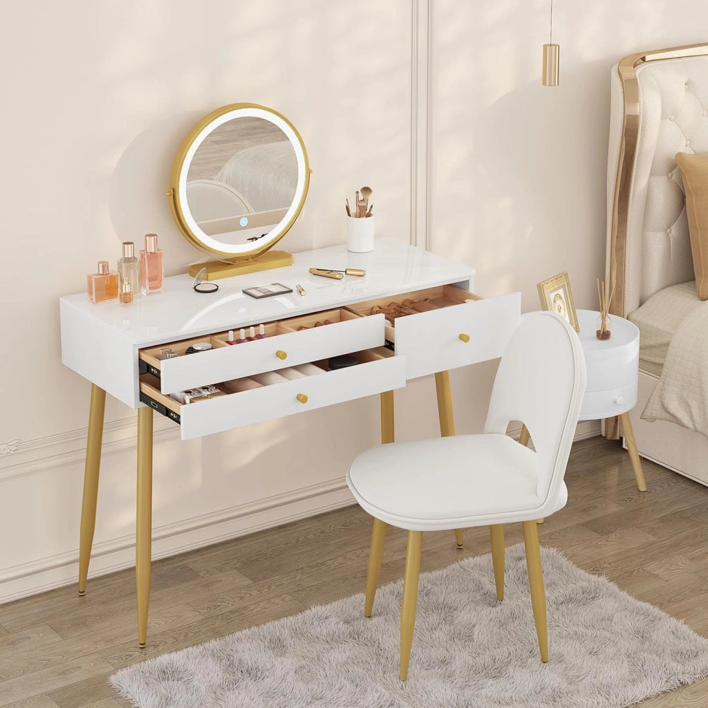 Set Toeletta con Specchio LED 3 Temperature, Sgabello in Velluto, 3 Cassetti in Legno Massello, 100×40×122 cm, Tavolo Trucco Moderno Bianco Champagne