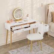 Set Toeletta con Specchio LED 3 Temperature, Sgabello in Velluto, 3 Cassetti in Legno Massello, 100×40×122 cm, Tavolo Trucco Moderno Bianco Champagne
