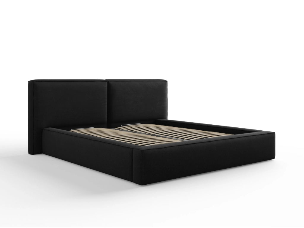 Cosmopolitan Design - Letto a cassettone con testiera doppia "Arendal" 180x200cm in tessuto strutturato nero 