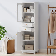 Armadietto da bagno con porta in vetro, 2 cassetti e ripiani regolabili, in MDF e vetro, bianco 45 × 36 × 160 cm