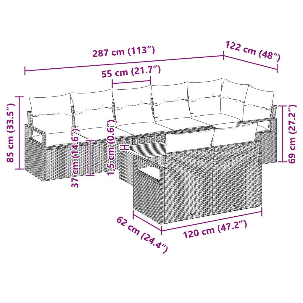 Set Divano da Giardino con cuscino 9 pcs Nero polyrattan
