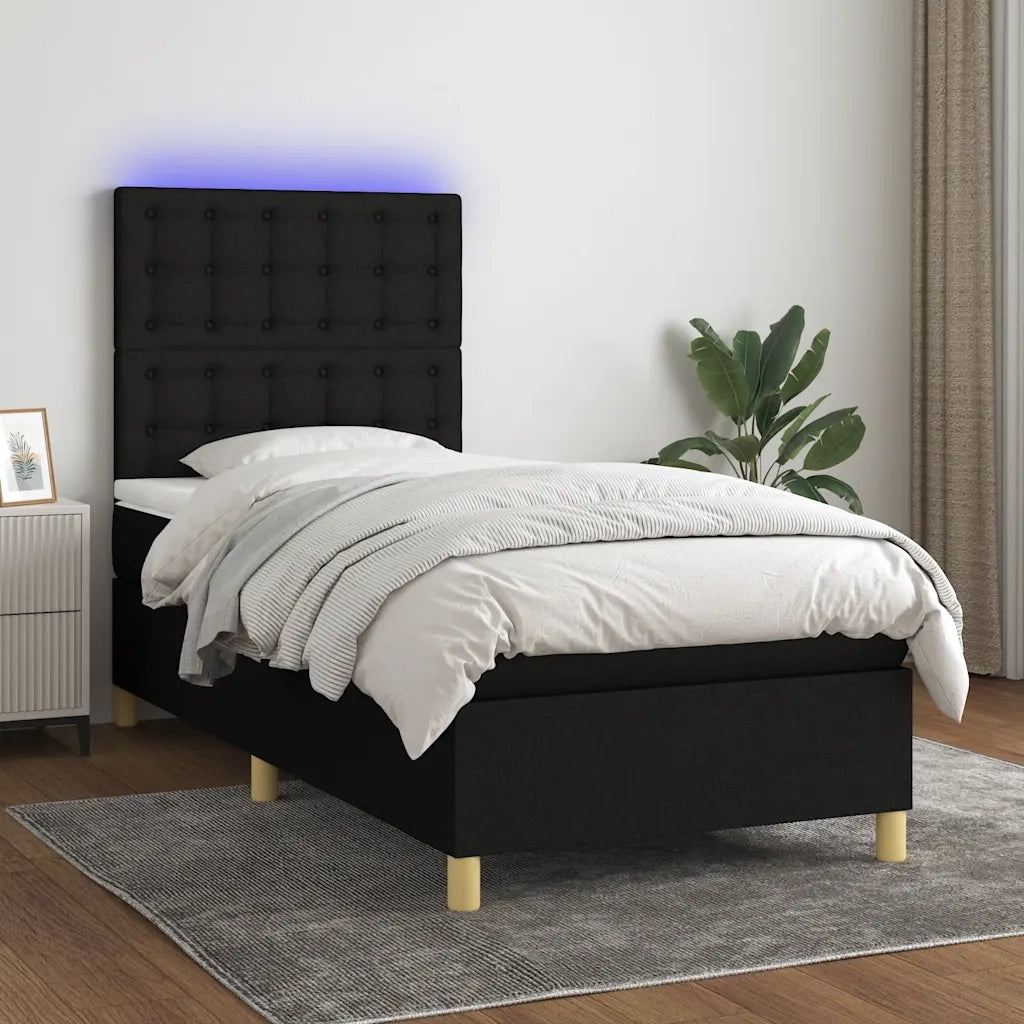 Letto singolo | Letto per adulti | Letto a Molle con Materasso e LED Nero 90x190 cm in Tessuto