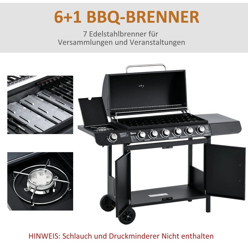 Griglia a gas con 7 bruciatori, termometro incluso, barbecue, griglia portatile, nera
