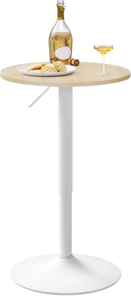 Tavolo Alto da Bar Girevole a 360°, Tavolino Rotondo in Legno e Metallo, Tavolo Regolabile in Altezza 70-91cm, da Cucina, Soggiorno, Rovere Chiaro + Bianco