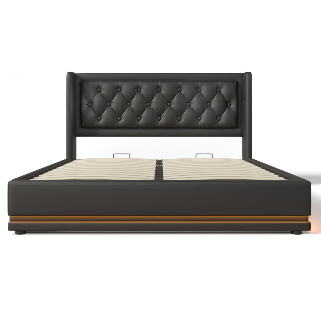 Letto matrimoniale contenitore 180x200 cm nero PU con LED e USB-C