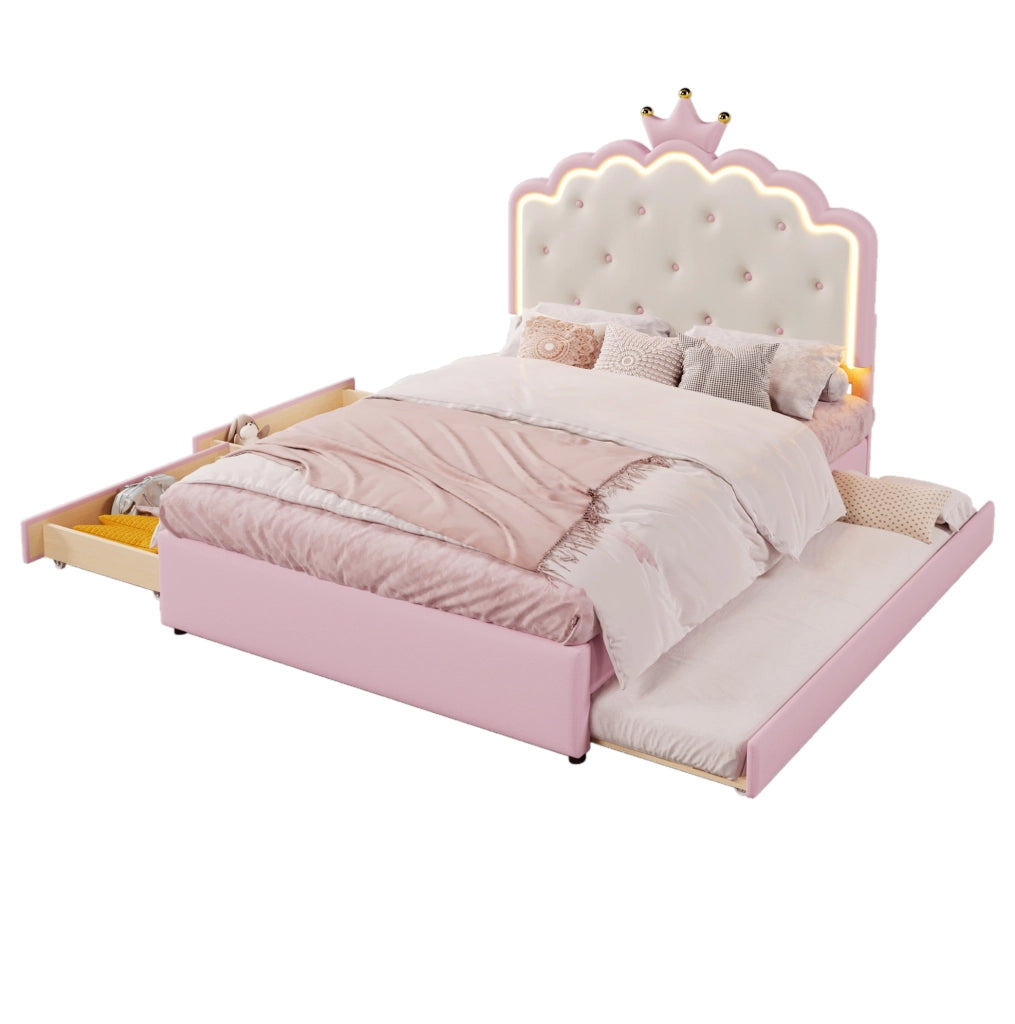 Letto 140x200 cm rosa – LED, letto estraibile e 2 cassetti, senza materasso